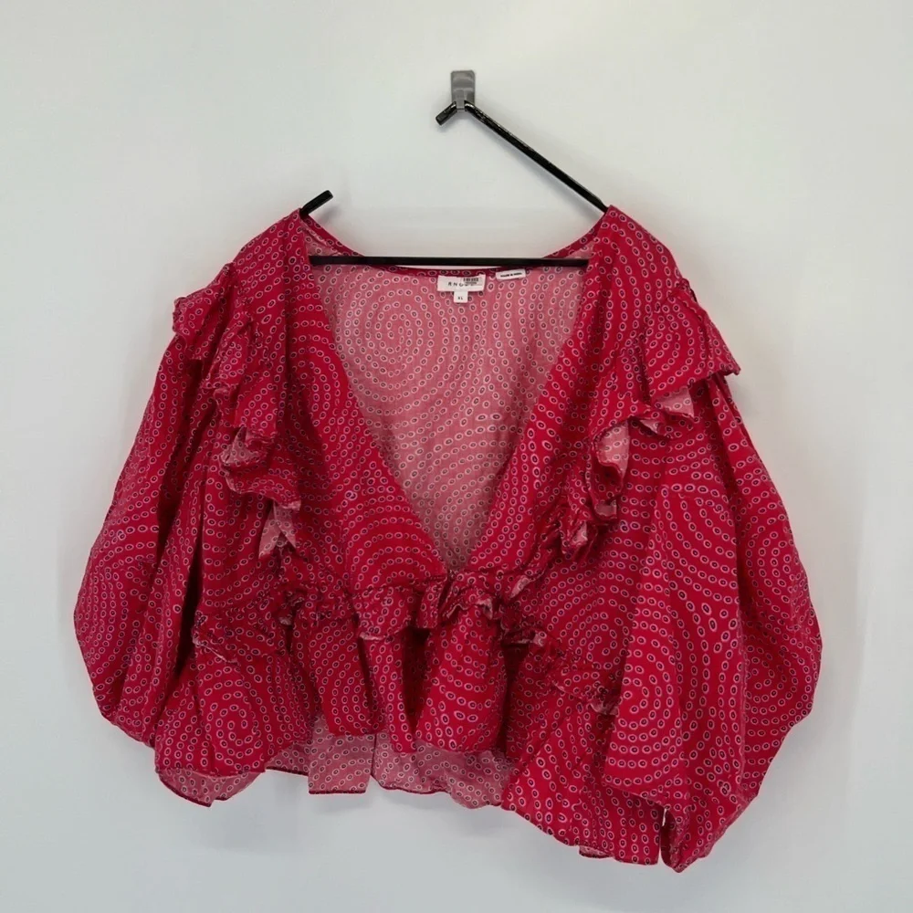 Rhode Voluminous Puff Sleeve Ruffled Retro Print Elodie Top In Red Trail - Picture 2 of 8